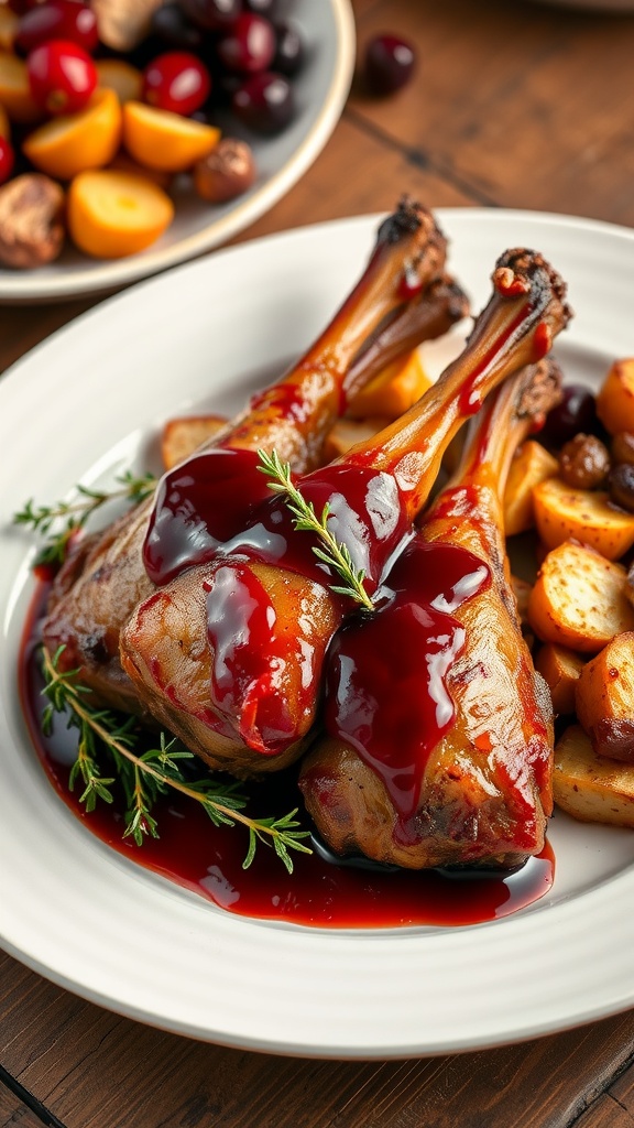 Cranberry glazed duck legs with thyme and roasted vegetables on a rustic table.